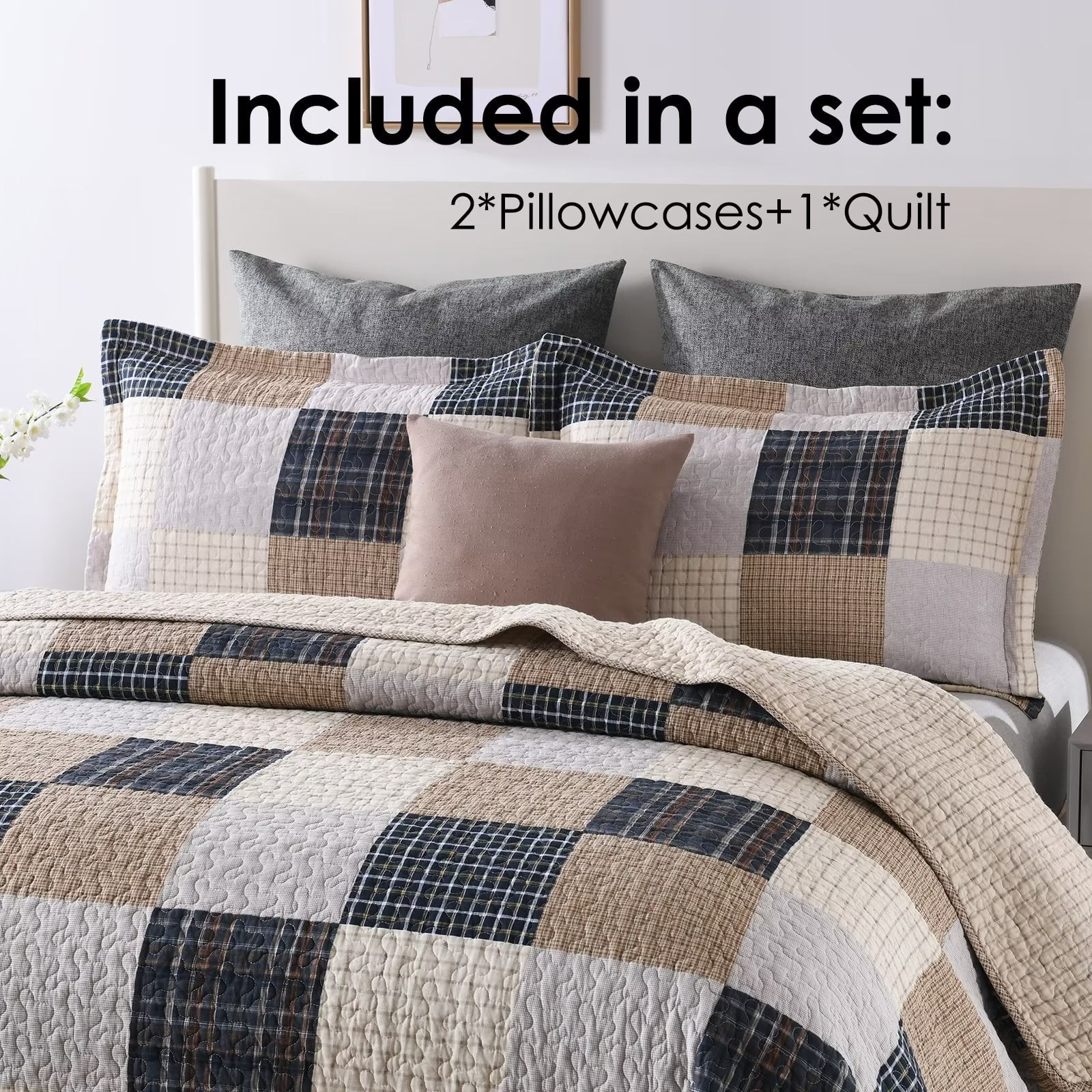 Bedduvit Cotton Quilt King Size - 3 Piece 100% Cotton Lightweight Soft Brown Black Beige King Quilt Set with 2 Pillow Shams, Reversible Patchwork Plaid Bedspread/Coverlet/Bedding Set for All Seasons