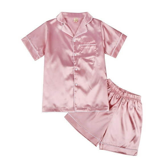 URMAGIC Boy Girl Kids Silk Pajamas Pyjamas Set Satin Short Sleeve Top Shorts Sleepwear Nightgown 4-10T