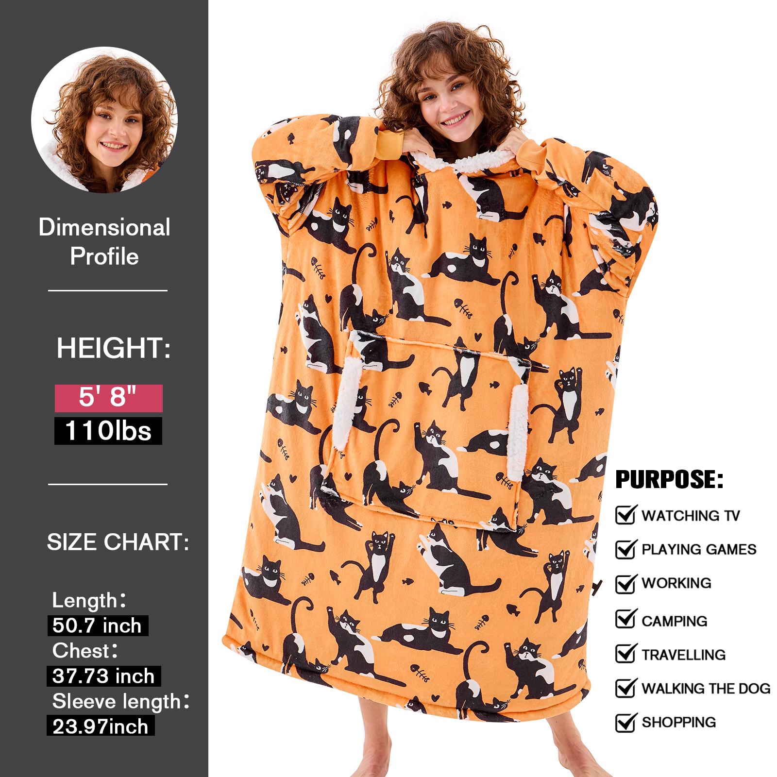 PMONPA Wearable Blanket Hoodie, Flannel Sherpa Fleece, Warm and Cozy Giant Sweatshirt for Adult, Woman and Man, One Size Fits All (Cat)