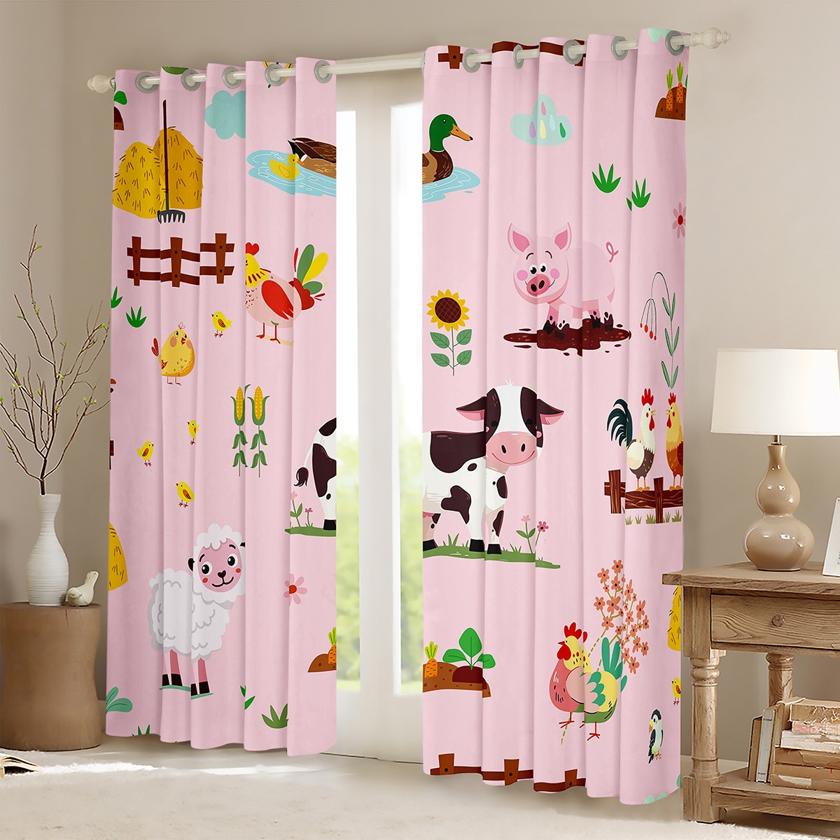 jejeloiu Cartoon Animal Blackout Curtains Set of 2 (52x84 Each),Cow Sheep Pig Window Curtains,Funny Country Theme Curtains and Drapes For Girl Boys,Super Cozy Room Decor