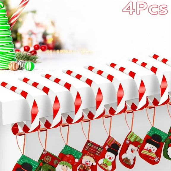 MODANU 4Pcs Christmas Stocking Mantle Holders, Lightweight Stocking Hangers Adjustable, Candy Cane Stocking Hooks, Non-Skid Stocking Holders for Christmas Fireplace Decoration (Red)