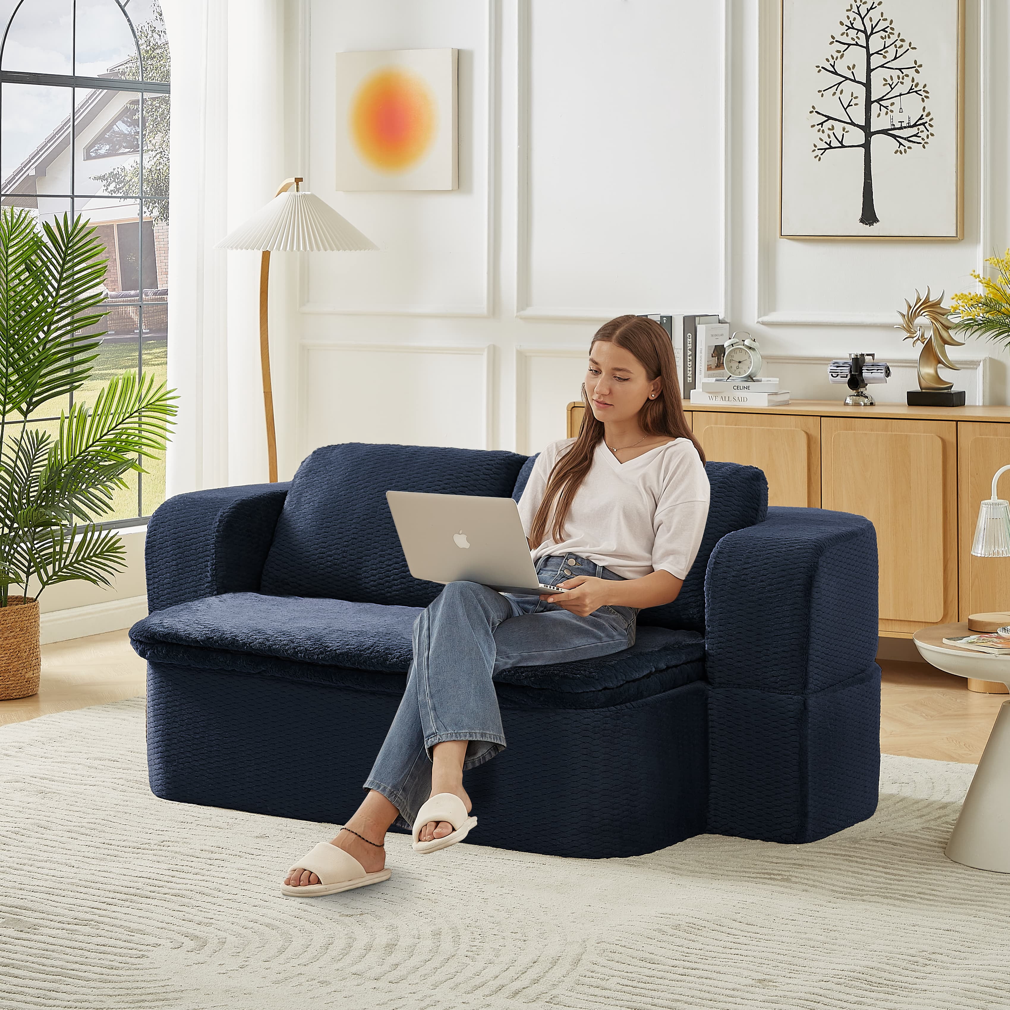 MAYEERTY Convertible Plush Sofa Bed, Modern Folding Compression Sleeper Couch for Living Room, 75*41*26"Dark Blue