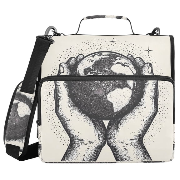 3 Ring Zipper Binder with Shoulder Strap Waterproof Trapper Keeper 2 Inch D-Ring 500 Sheets Capacity Hands Holding Planet Earth