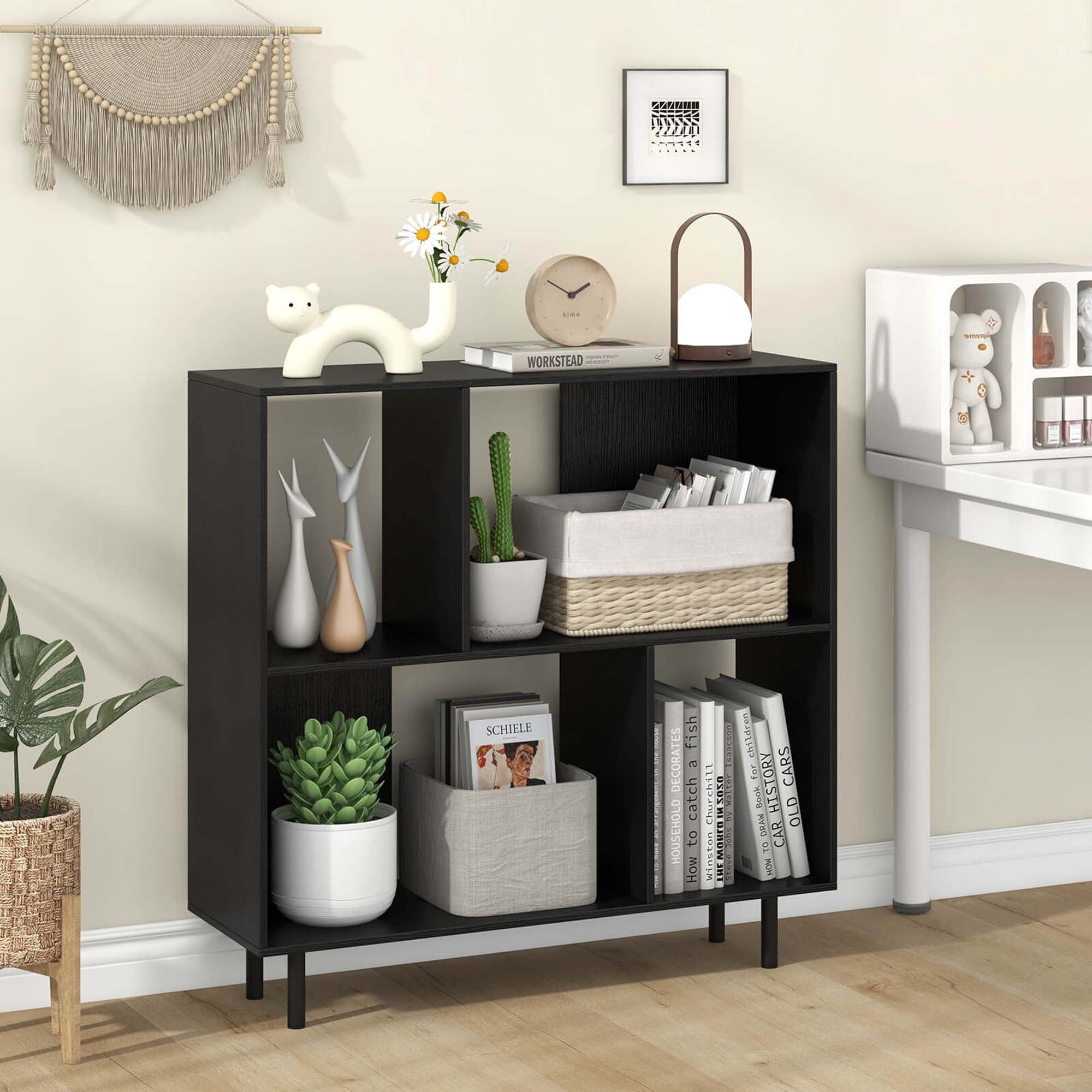 Costway Open Shelf Bookcase Mid Century Modern Cube Bookshelf with 4 Compartments Black