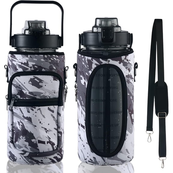 Half Gallon Water Bottle with Sleeve & Strap 64 OZ Motivational Water Bottles with Straw Large Wide Mouth Water Jug with Time Marker for Fitness, Gym and Outdoor Sports, Leak-proof & BPA Free