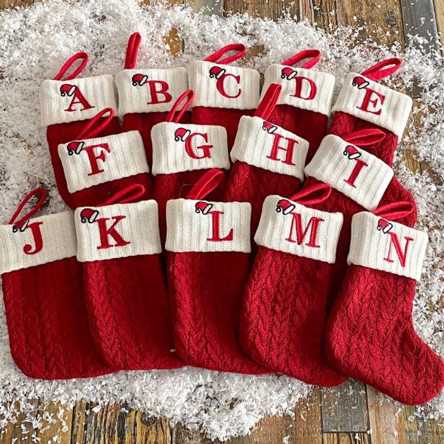 Medias navideñas con iniciales, 18 cm, letras pequeñas bordadas, tejidas en rojo y blanco, para decorar las fiestas familiares y la chimenea del árbol de Navidad.