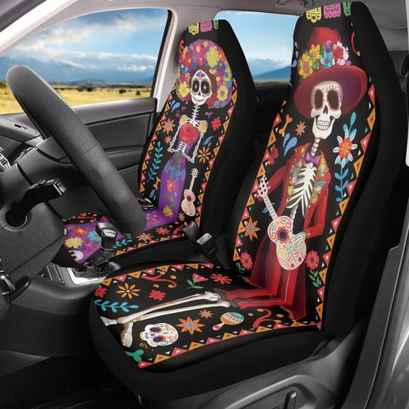 Binienty Day of the Dead Car Seat Covers for Women Girly Front Car Seat Covers Set of 2 Washable Cloth Elastic Vehicle Bucket Protectors Automotive Interior Accessories Fit for SUV Truck Van Sedans
