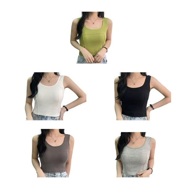 destyer Female Lingerie Short Tank Top Seamless Wide Camisole Sexy Pad T-shirt  Crop Fashion Vest Sleeveless Sports Clothes Green 