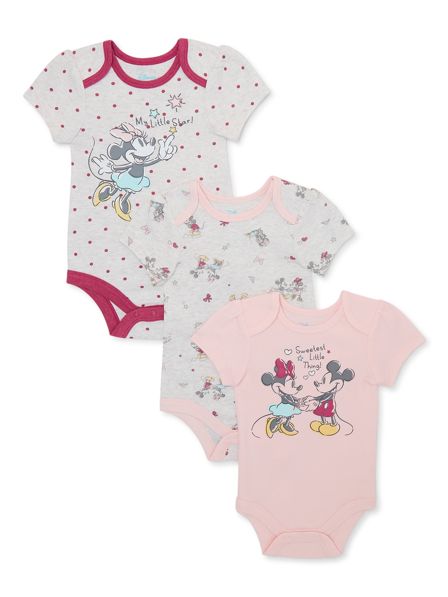Disney Baby Wishes + Dreams Minnie Mouse Baby Boys and Girls Unisex Bodysuit, 3-Pack, Sizes 0-12 Months