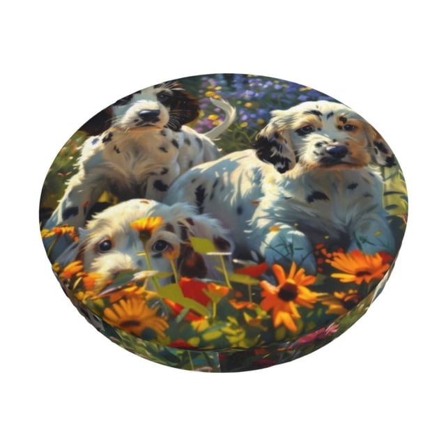 Balery Sunflower Field Spotted Dog Fundas de asiento para taburete de bar redondo de tela de terciopelo ajustables que protegen de arañazos y manchas para sillas de 14 a 17 pulgadas.-12 inch