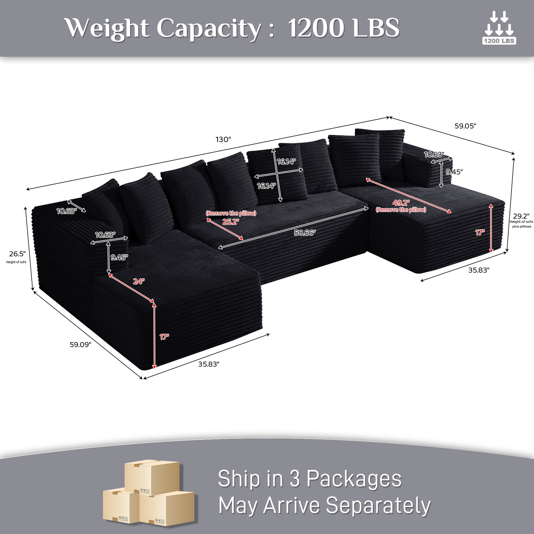 Wiilayok U Shaped Sectional Sofa,Modular Cloud Corduroy Sofa Couch with Extra Deep Seat for Living Room Sofa, No Assembly, Black