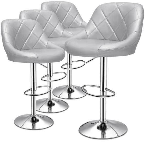 MoNiBloom Set of 4 Faux Leather Bar Stools with Backrest, Height Adjustable Swivel Pub Chairs Home Kitchen Counter Chairs, Silver