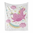 thumbnail image 1 of Unicorn Soft Flannel Fleece Throw Blanket, Smiling Horse Star Rainbow Funny Cartoon Kids Room Nursery Pastel Toned Graphic, Cozy Plush for Indoor and Outdoor Use, 50" x 60", Yellow Pink, by Ambesonne, 1 of 6