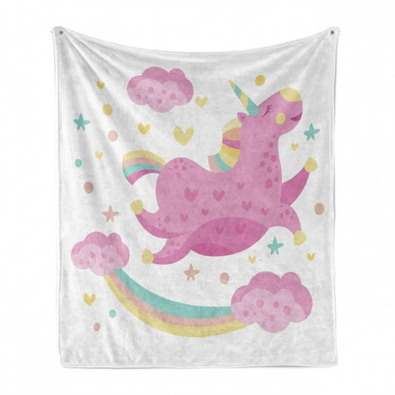 Unicorn Soft Flannel Fleece Throw Blanket, Smiling Horse Star Rainbow Funny Cartoon Kids Room Nursery Pastel Toned Graphic, Cozy Plush for Indoor and Outdoor Use, 50" x 60", Yellow Pink, by Ambesonne