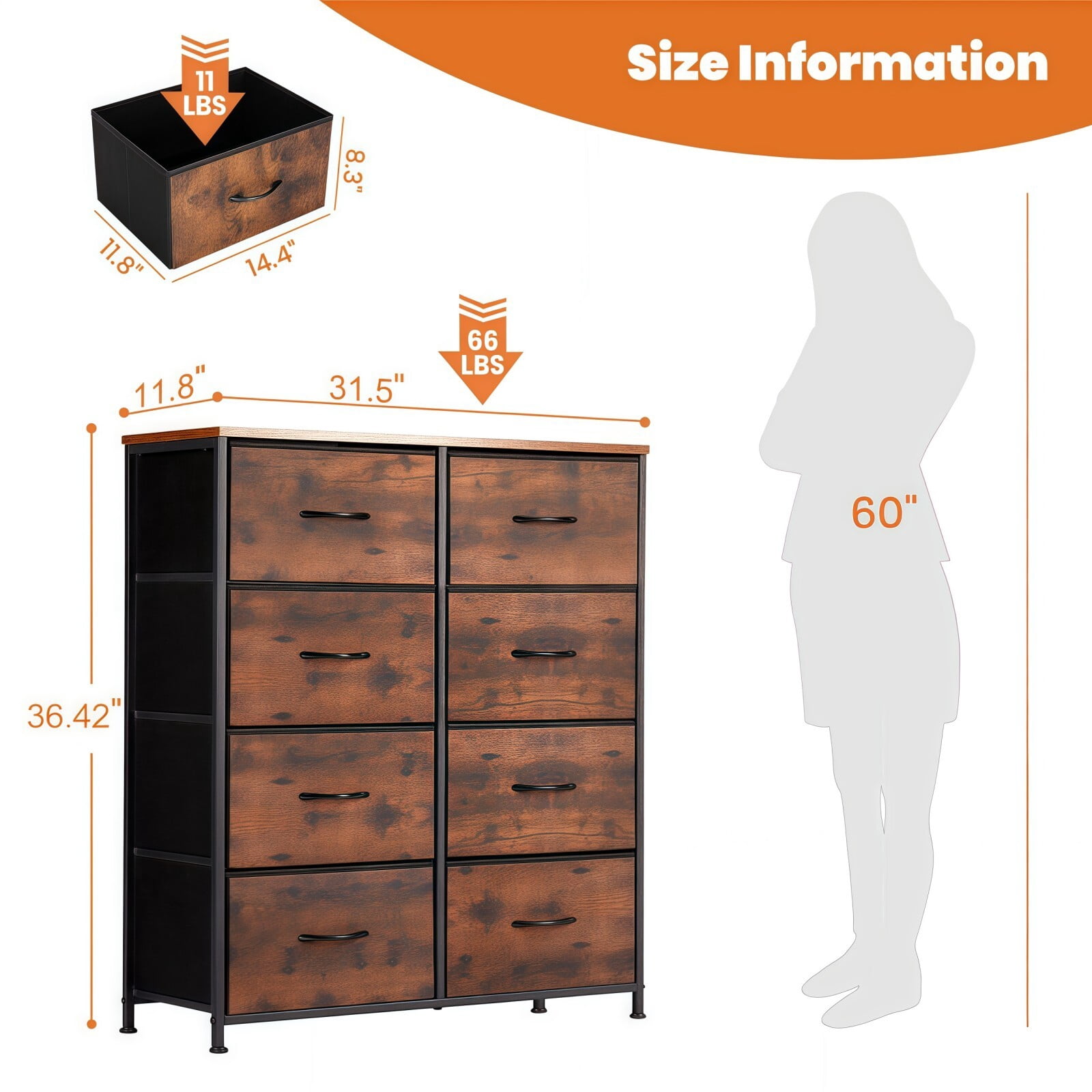 BEAUTYPEAK 8 Drawers Fabric Dresser Bedroom Storage Chest with Wood Top Adjustable Feet, Rustic Brown
