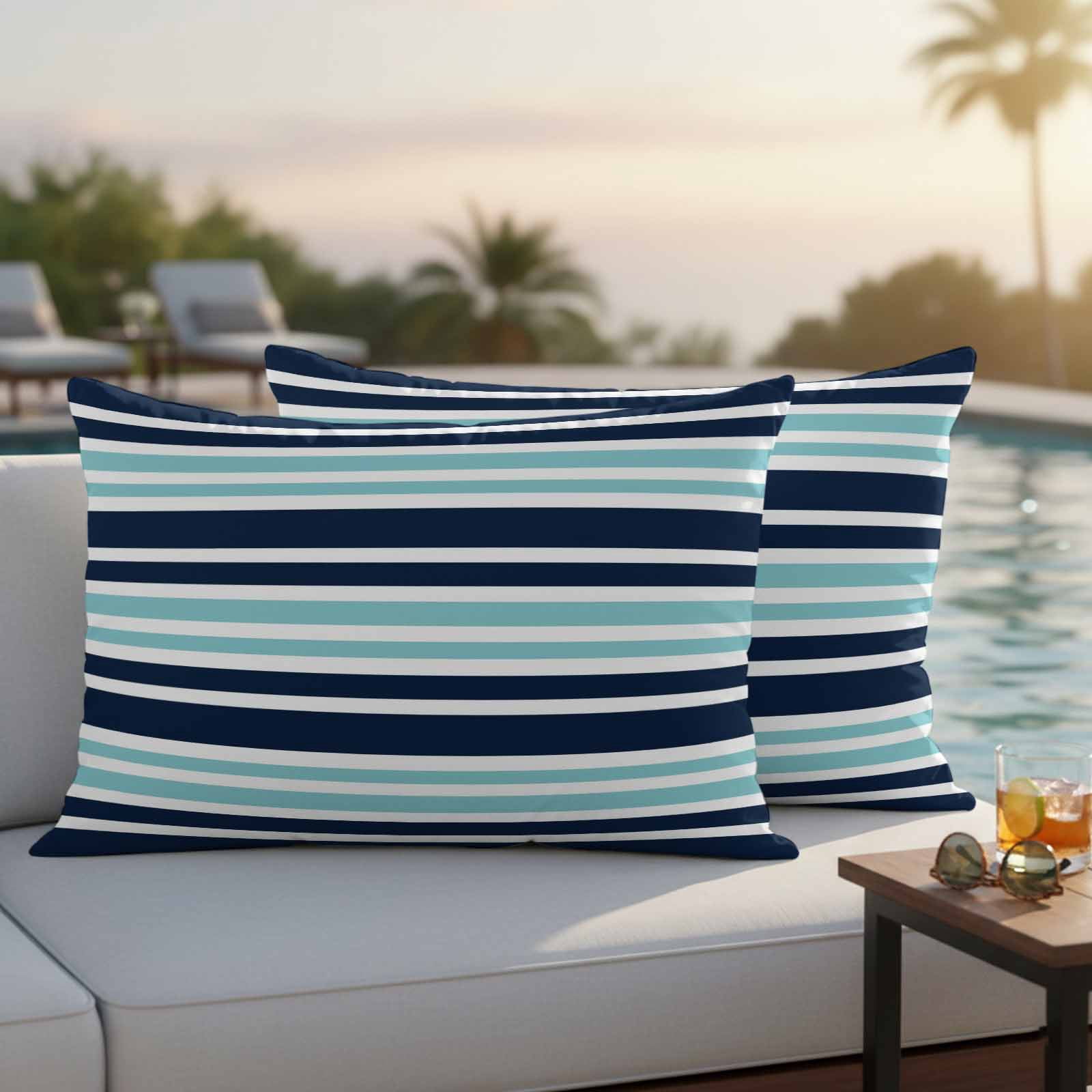 Outdoor Waterproof Pillow Covers Nautical Navy Blue Contrast Stripe Decorative Throw Pillow Protectors,Pillowcase Cushion Cases for Patio Sofa Garden Couch,20x12in,Pack of 2