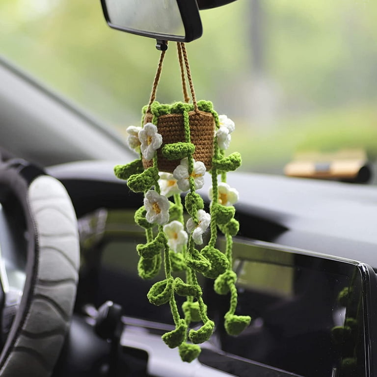 Triani Cute Crochet Hanging Orchid Potted Plants Crochet Car