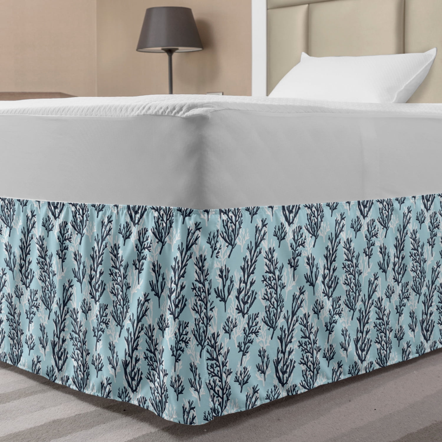 Blue and White Bed Skirt, Hand Drawn Style Ocean Themed Pattern with