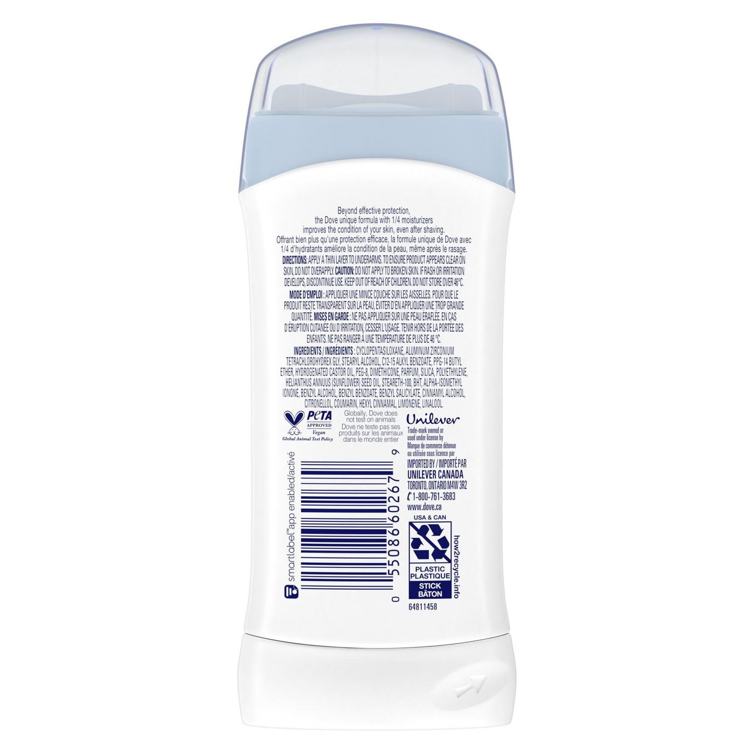 Dove Bâton antisudorifique Poudre, pour Femmes, Protection contre la transpiration et les odeurs des aisselles pendant 48 heures, 74g