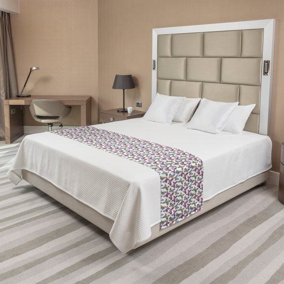 Butterfly Bed Runner, Multicolored Hand Drawn Delicate Fresh Spring Illustration, Decorative Accent Bedding Scarf for Hotels Homes and Guestrooms, King, Almond Pink and Violet, by Ambesonne