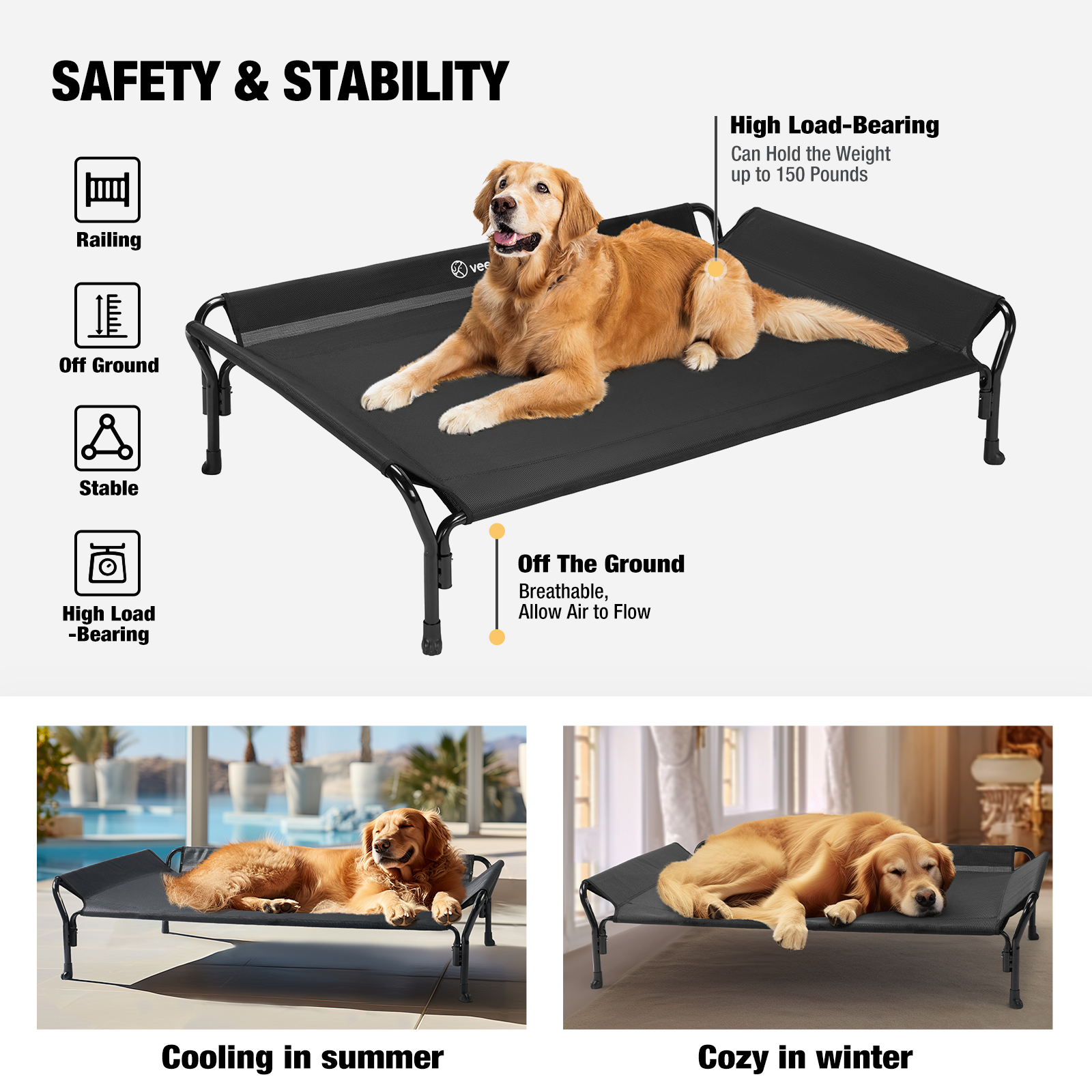 Veehoo Cooling Elevated Dog Bed with Guardrail & Headrest photo 3