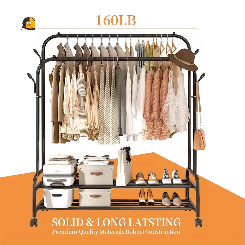 Black Heavy Duty Metal Double Rod Clothes Rack with Wheels, Shelves & Hooks, Rolling Garment Rack for Bedroom Closet