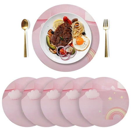 

Round Placemats Plate Mats 15 Inch Non-Slip Heat Resistant Washable PVC Set Table Decoration for Kitchen Dining Pink A Rainbow and Stars
