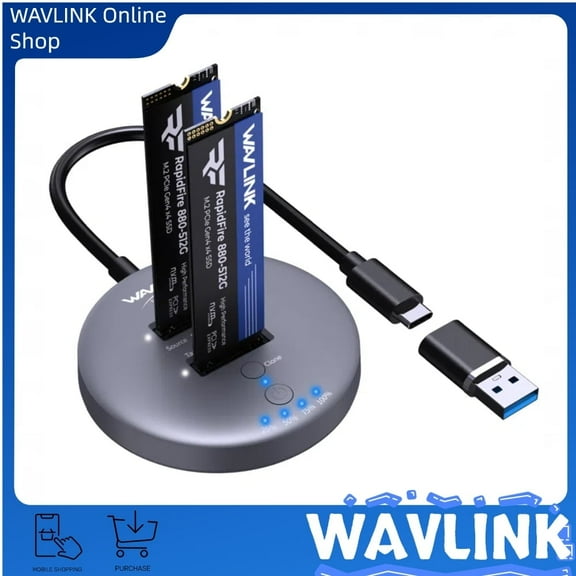 WAVLINK M.2 NVMe SSD Cloner Dock, 10Gbps Dual-Bay NVMe to USB-C/A Enclosure, Supports Offline Clone, UASP, Design for M-Key or M B Key SSDs in Size 2230/2242/2260/2280/22110, SSD Not Include
