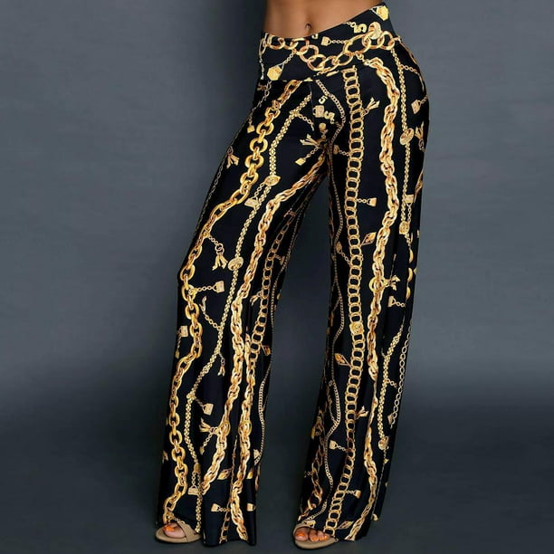 Fashion Women Gold Chain Print Wide Leg Palazzo Pants Loose High