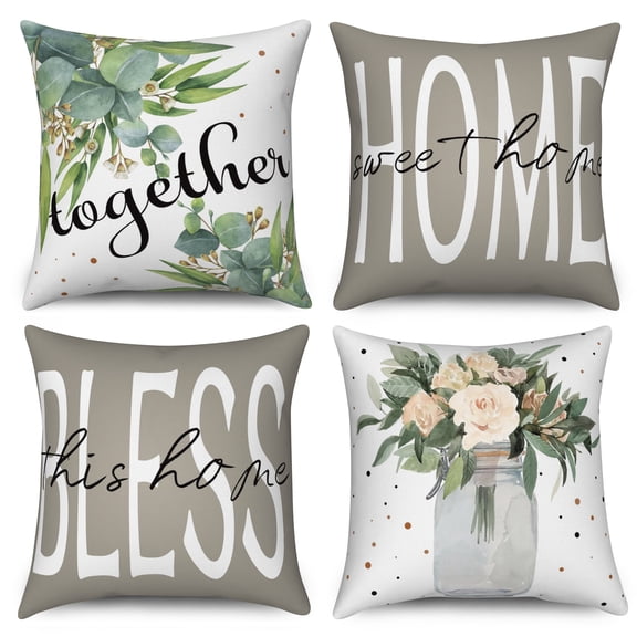 Spring Summer Flowers Throw Pillow Covers 18x18 Set of 4,Grey Decorative Pillow Cases for Bedroom Sofa Couch