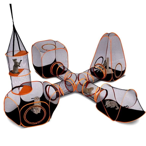 6-in-1 Modular Cat Playground with Hanging Climbing Tunnel, Large Cat House Condo, and Enclosure, Black and Orange