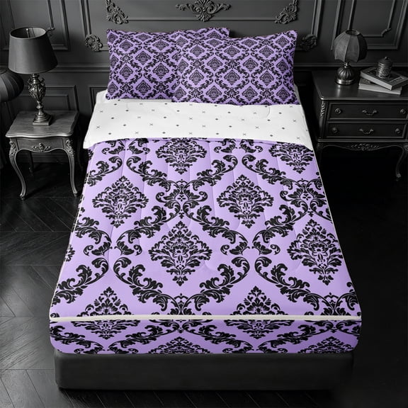 meiyoeat Royal Damask Zipper Twin Comforter Sets with Fitted Sheet and 2 Pillowcases,For Girls,Elegant Pattern Zipper Bedding Set For Girl,Reversible,4 Pieces