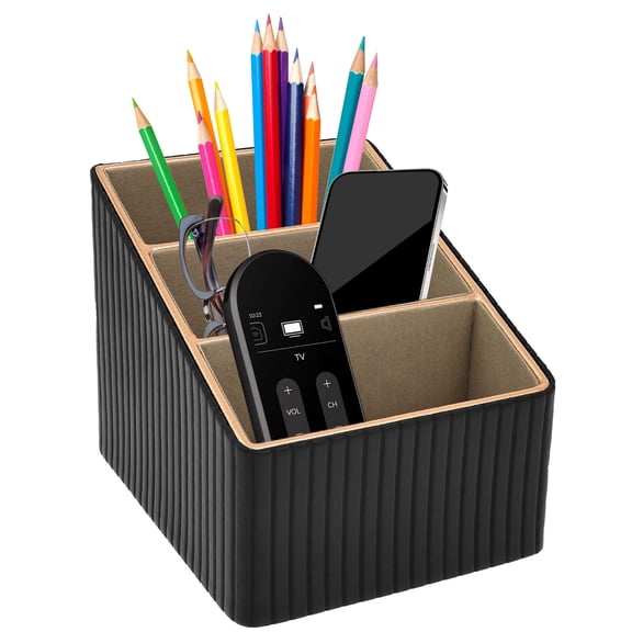Remote Control Holder PU Leather TV Remote Caddy for Nightstand Bedside Caddy with 3 Compartment Office Desk Organiser Pen Pencil Pot Holder for Desk (Black)