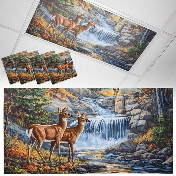 4 Pack Magnetic Fluorescent Light Covers, 2x4 Ft,Deer Forest River Rustic Magnetic Light Covers for Ceiling Lights Classroom Office Home Decor