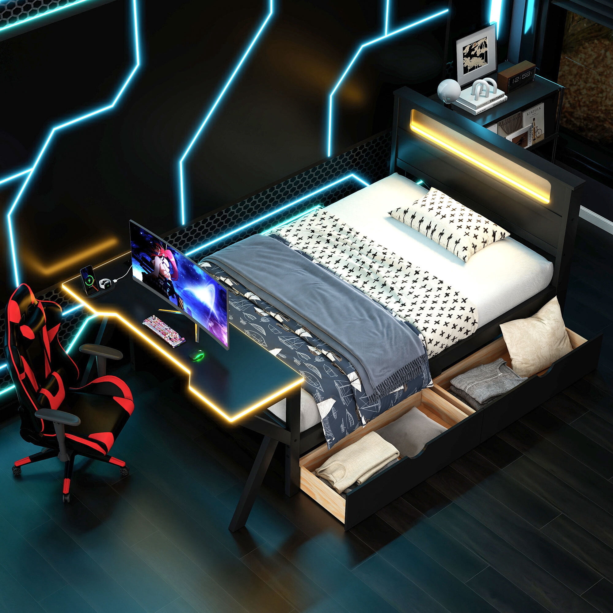 Euroco Wood Twin Size Platform Bed with Drawers, Gaming Bed with Desk, LED Light and USB Charging Station, Black