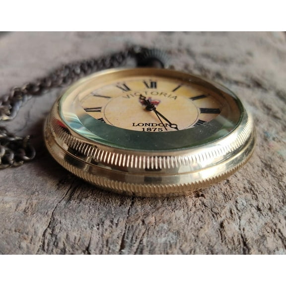 Victorian Brass Pocket Watch with Chain – Antique Style Compass Design | London 1875 Dial | Vintage Gifting Item