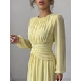 thumbnail image 6 of Light Yellow Womens Elegant Chiffon Ruched Round Neck Long Sleeve Maxi Dress For Summer Picnic Holiday, 6 of 7