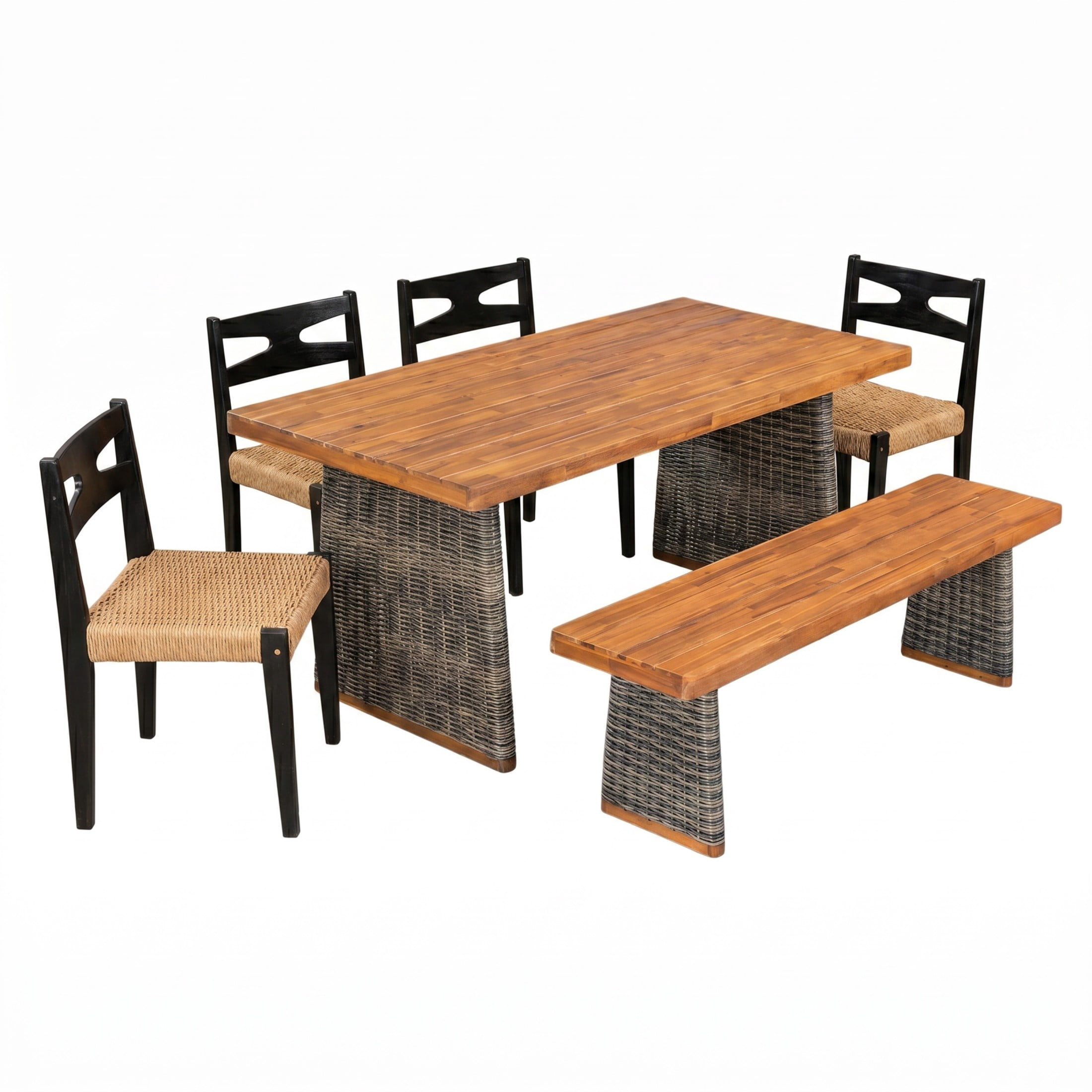 Christopher Knight Home 6-Piece Wood Wicker Outdoor Dining Set with Chairs, Bench and Table, Teak+Gray