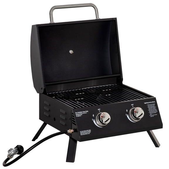 2-Burner Portable Gas Grill - 21.75" Foldable Tabletop BBQ with Lid & Thermometer, Black