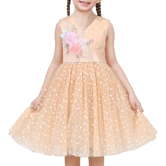 Vestido de Niña Beige con Lunares, Bordado Floral, Perlas, Cuello en V, sin Mangas, 7 Años