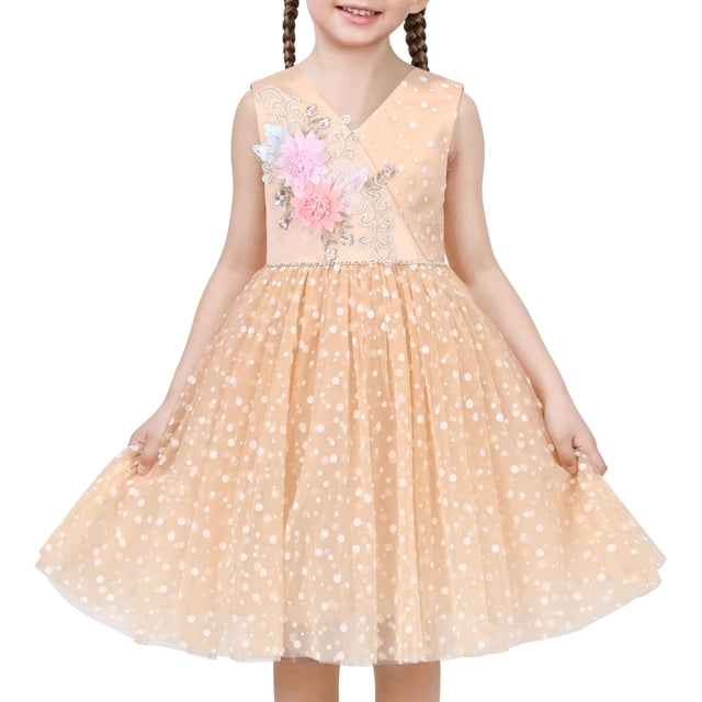 Vestido de Niña Beige con Lunares, Bordado Floral, Perlas, Cuello en V, sin Mangas, 7 Años