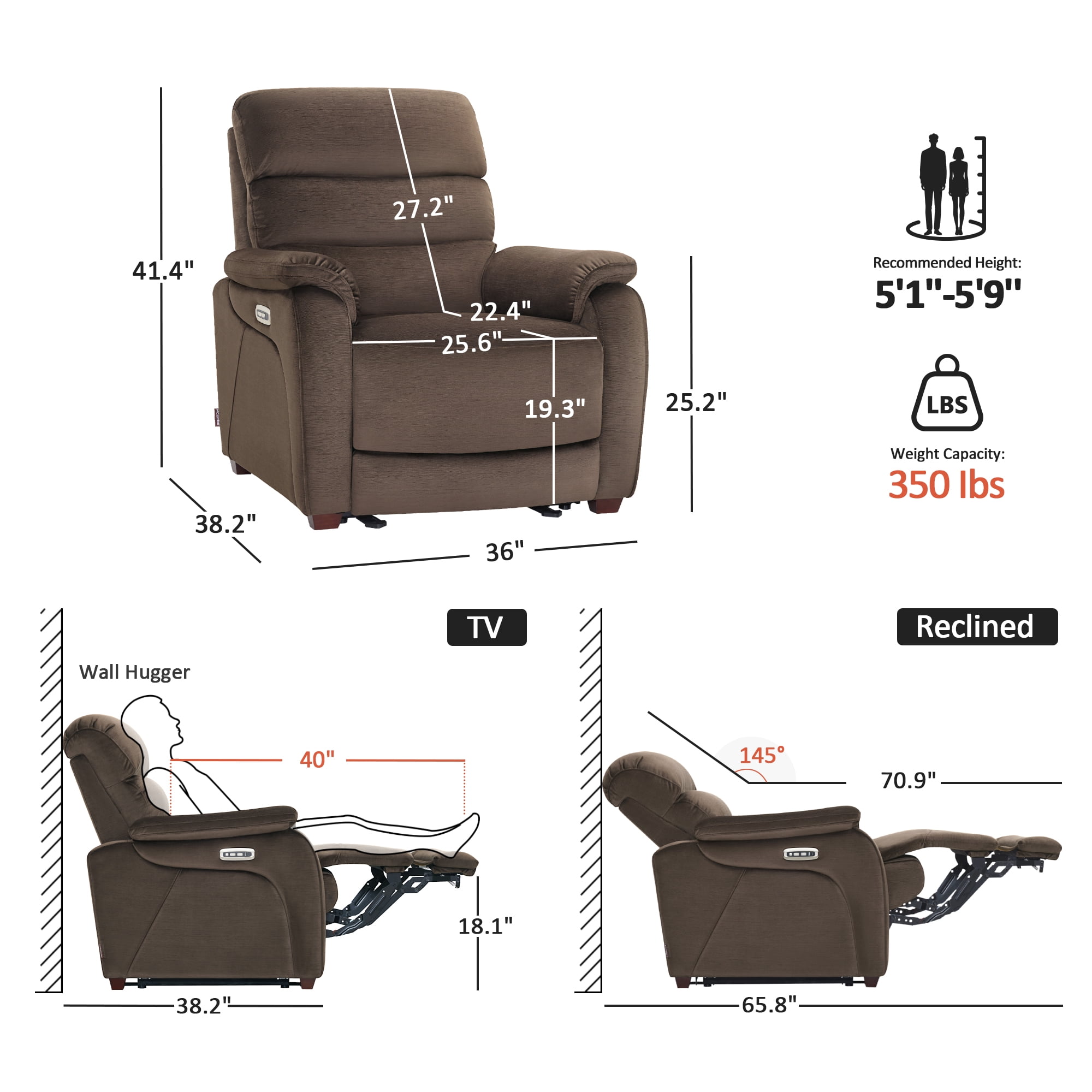 MCombo Zero Wall Hugger Power Recliner Chair for Small Space RV Living Room, Fabric (Coffee)