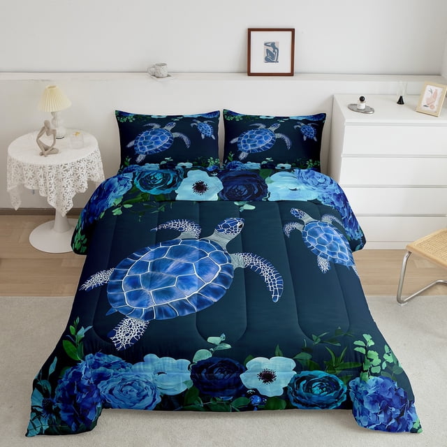 Erosebridal Cartoon Sea Turtle Bedding Full Comforter Set, Retro Flowers Down Comforter, Ocean Animal Room Decor, 3pcs