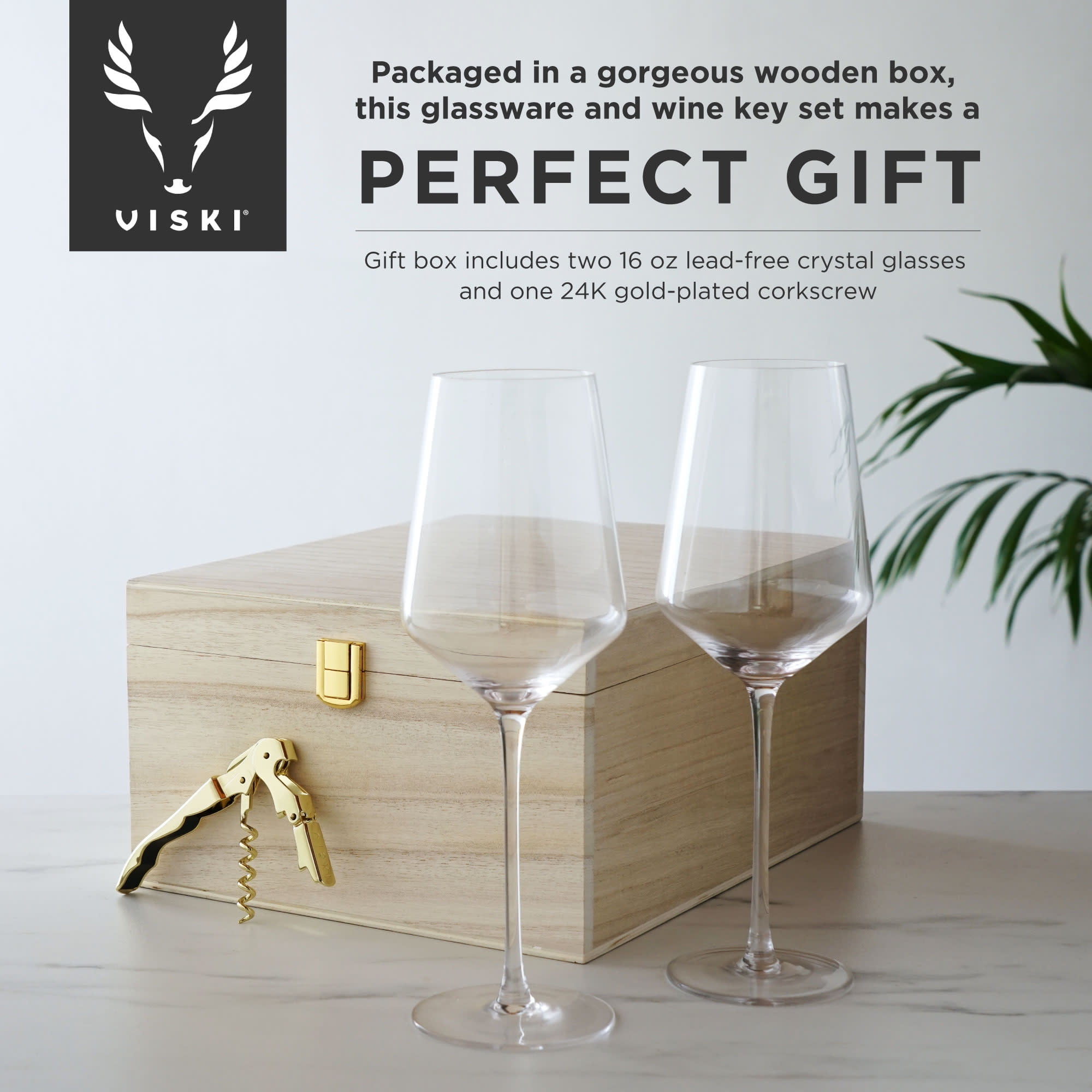 Viski Raye Wine Glasses and Corkscrew Gift Box, Wedding Gifts, 3-Piece Set