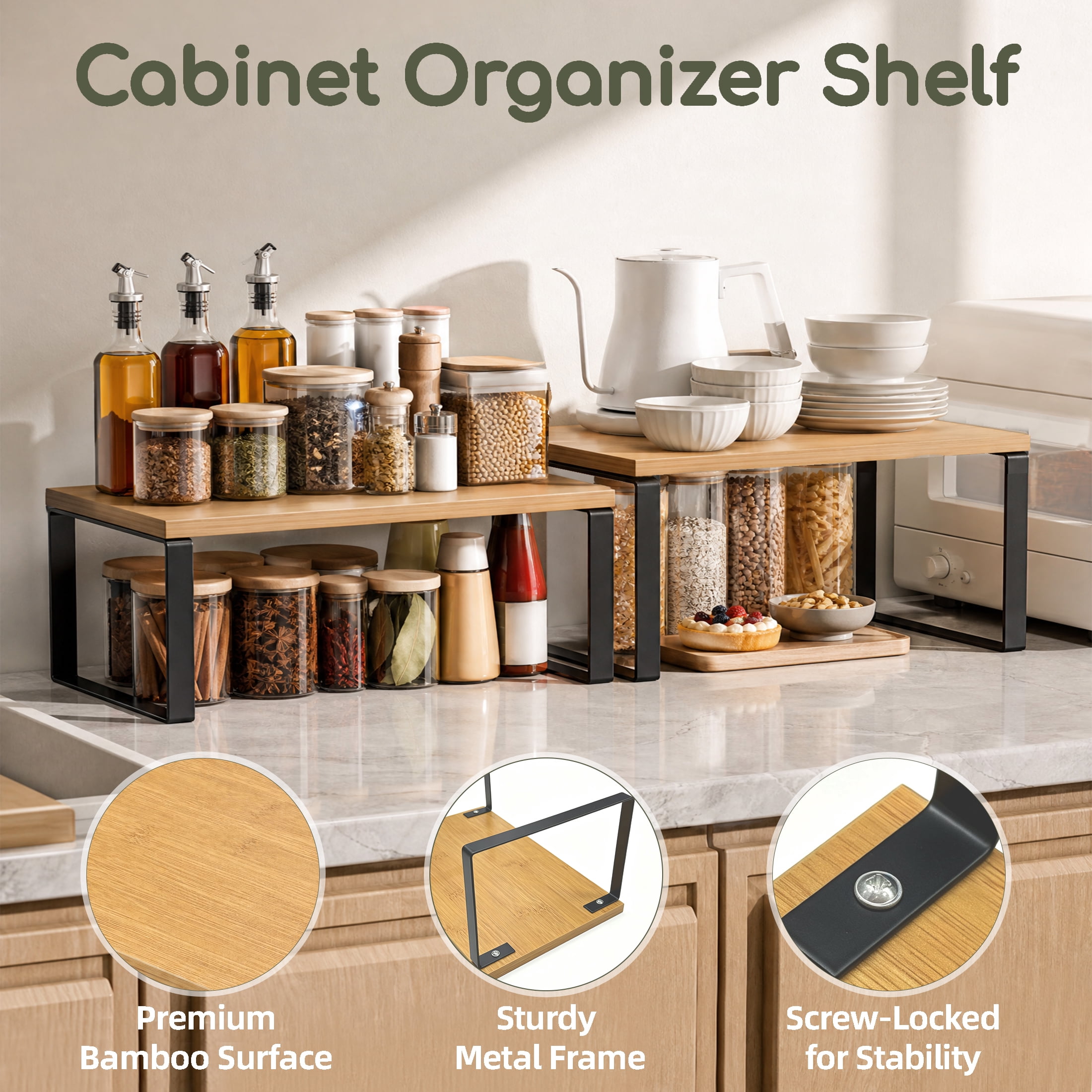 2 Pack Cabinet Organizer Shelf, Stackable Wooded Countertop Storage Rack, Expandable Kitchen Counter Shelf for Plates, Bowls, Spices