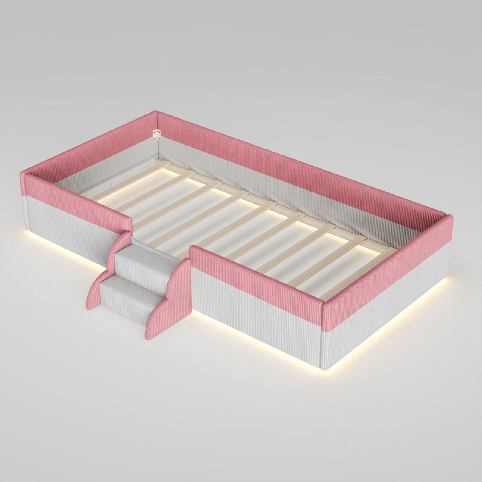 Twin Size Upholstered Floor Bed with Fence, 2-Tier Steps and Smart LED Lights, Corduroy Toddler Bed Platform Bed Frame with Guardrails and Wood Slats