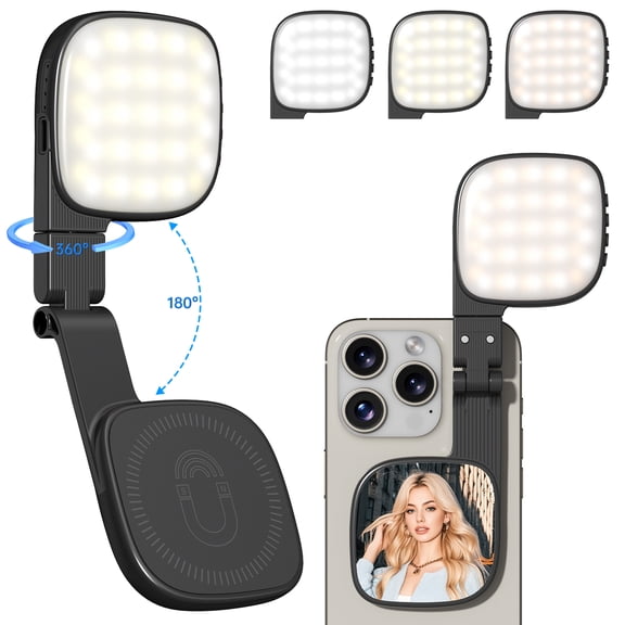Cshidworld Magnetic Ring Light, Rechargeable 1000mAh, 48 High-Lumen LEDs, 10 Brightness Levels, 360° Rotation, Built-in Mirror, Ideal for Live Streaming, Selfies, Vlogging, Makeup, black