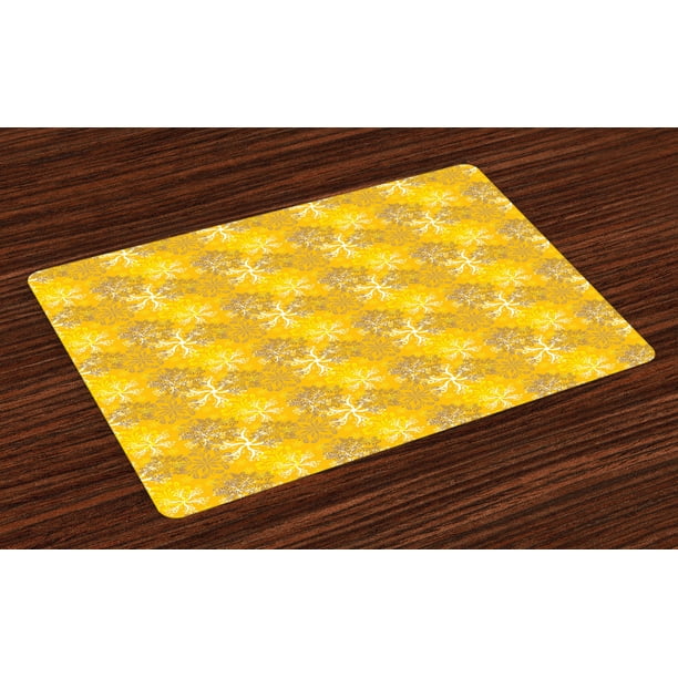 Yellow and White Placemats Set of 4 Snowflakes Design with Swirls and