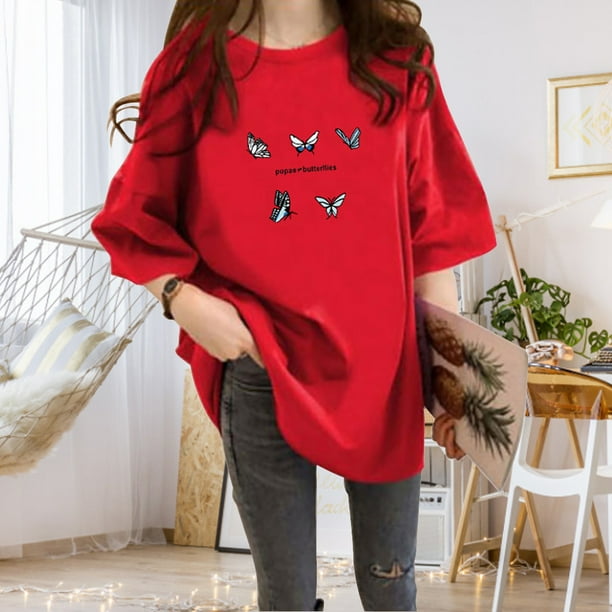 Camiseta de mujer estampada manga corta cuello redondo camiseta suelta de verano rojo M seitruly AP001204 17B Bodega Aurrera en linea