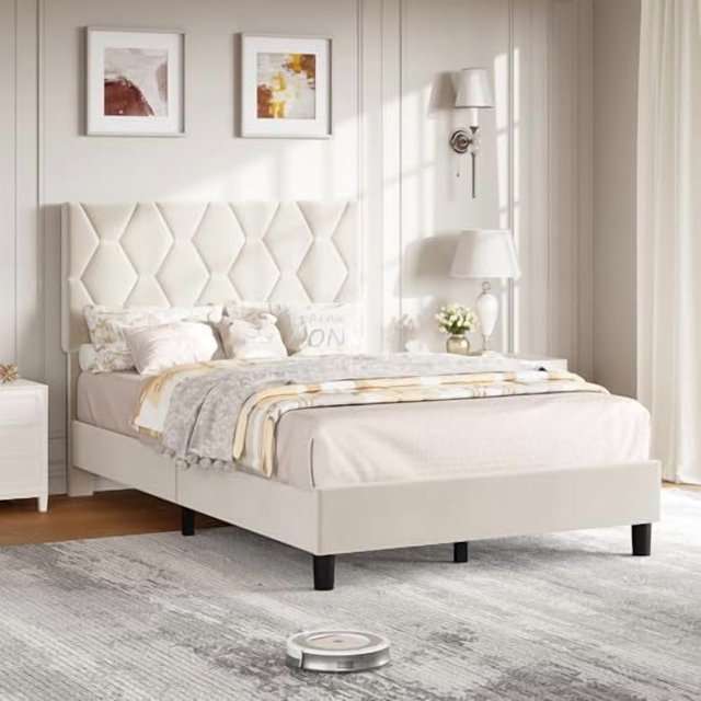 ChaoLink Estructura de cama tamaño Twin con plataforma y cabecero tapizado, estructura tapizada de tela con cabecero ajustable